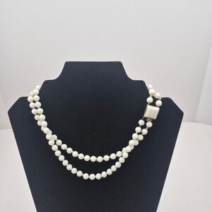 Vtg White Beaded Necklace Double Strand 16" Gold Tone Clasp Coastal Grandma MCM